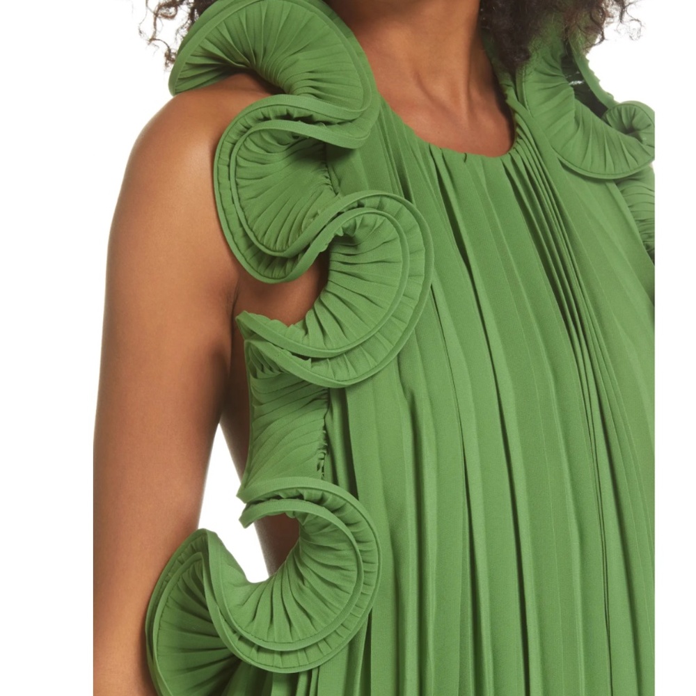 AMUR Mimi Grass Green Ruffled Sleeveless Halter Midi Fit + Flare Dress.